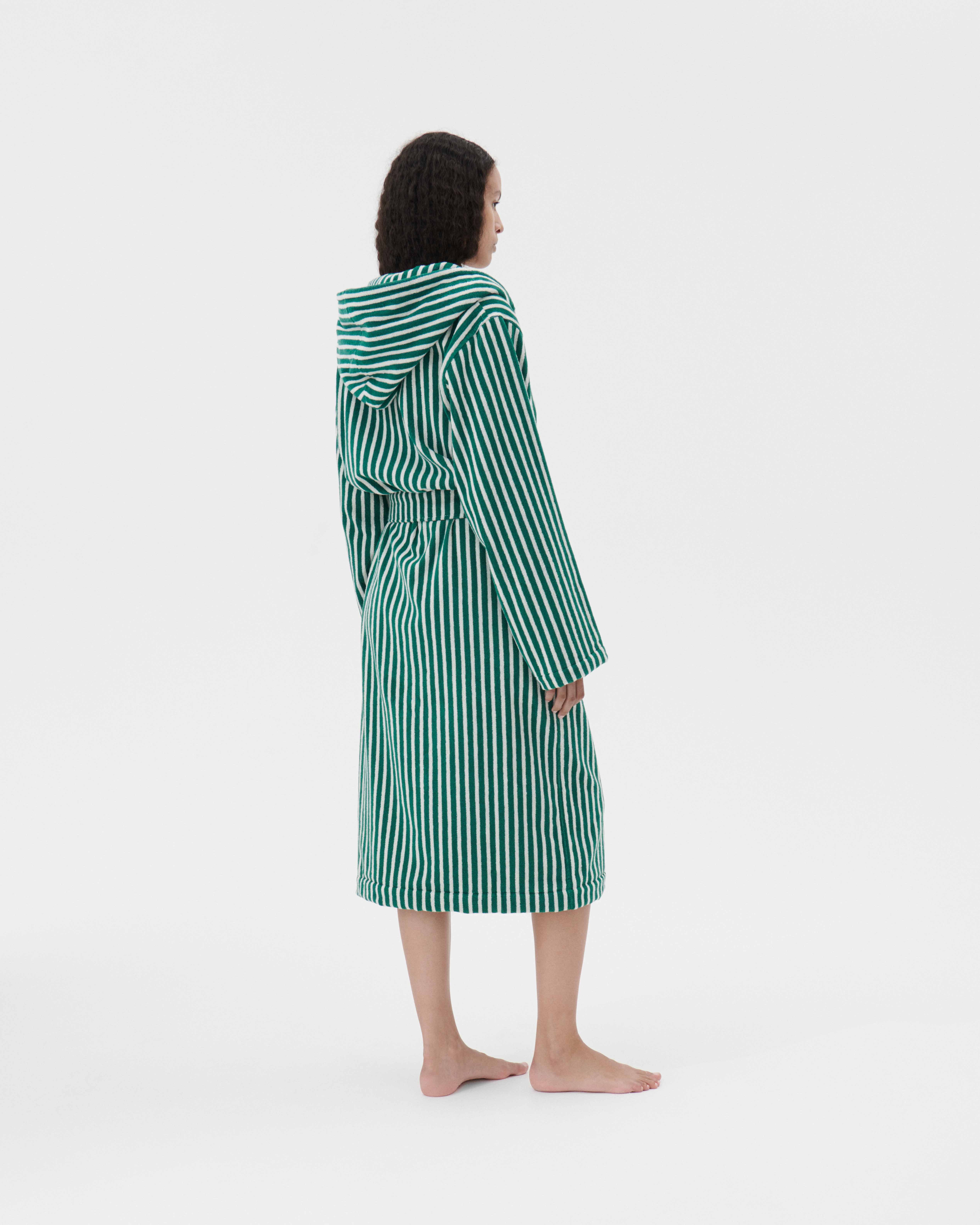 Hooded Bathrobe - Striped - Teal Green Stripes | Tekla Fabrics