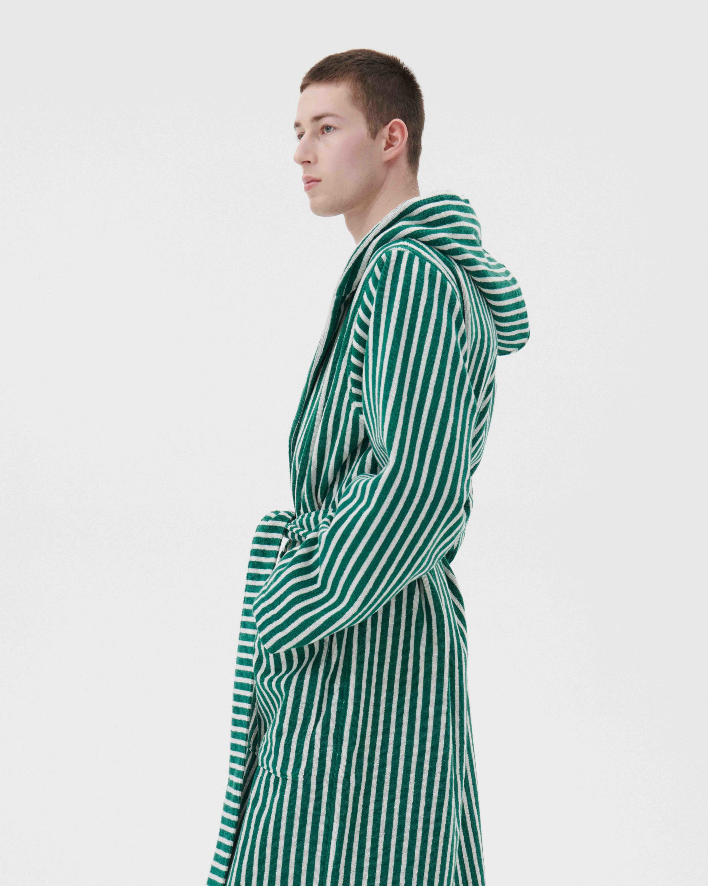 Male - Hooded Bathrobe - Green Teal Stripes