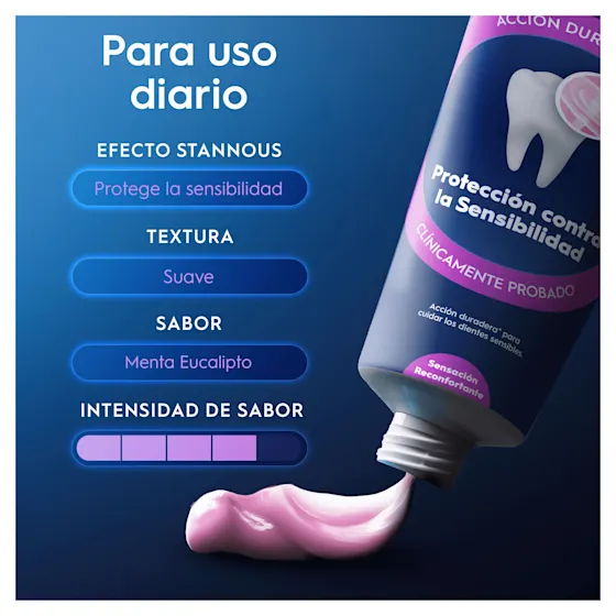 Pasta de dientes Oral-B para uso diario que protege la sensibilidad, con textura suave y sabor a menta eucalipto.