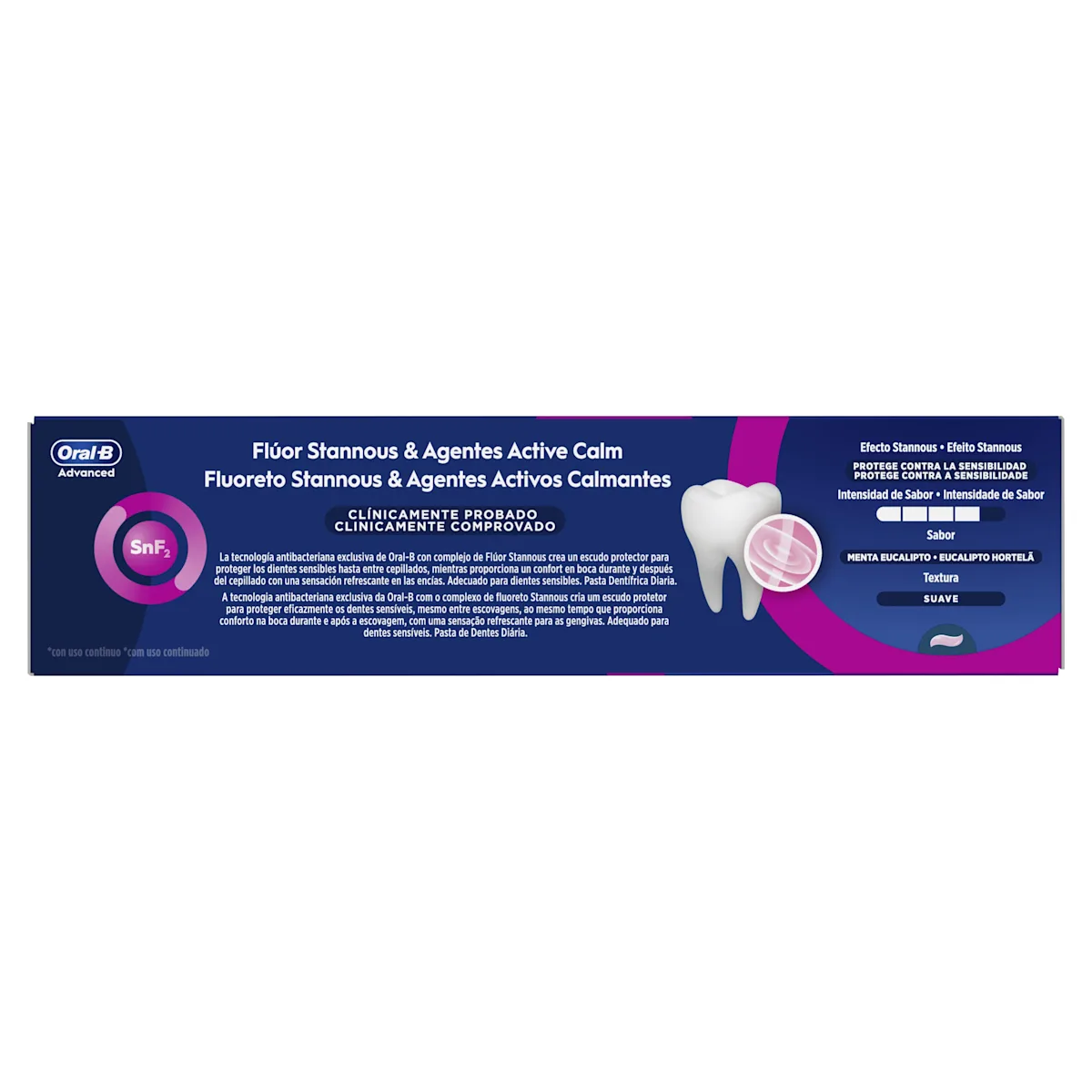 Oral-B Advanced, empaque y tubo, destacando la "Protección contra la Sensibilidad" y su "Acción Duradera".