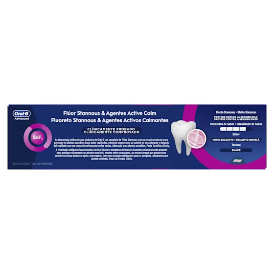Oral-B Advanced, empaque y tubo, destacando la "Protección contra la Sensibilidad" y su "Acción Duradera".