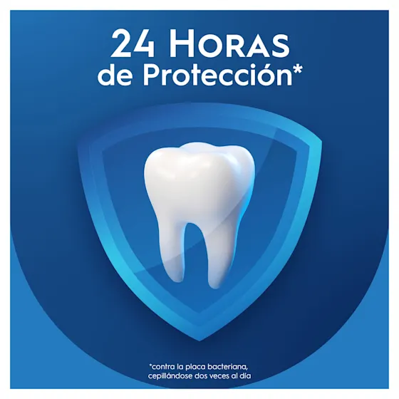 Protección de 24 horas contra la placa bacteriana con Oral-B, ilustrada con un diente protegido dentro de un escudo azul.