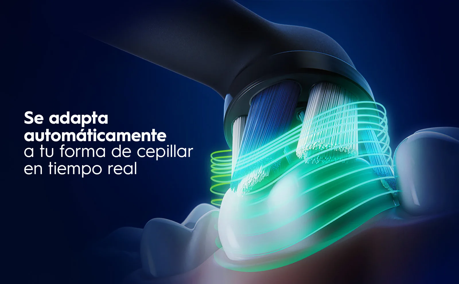 Cabezal de cepillo eléctrico iluminado mostrando tecnología adaptativa de cepillado en tiempo real.