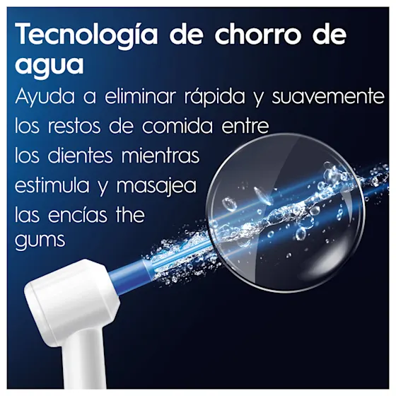 Tecnología de chorro de agua Oral-B que elimina restos de comida entre los dientes y estimula las encías.;