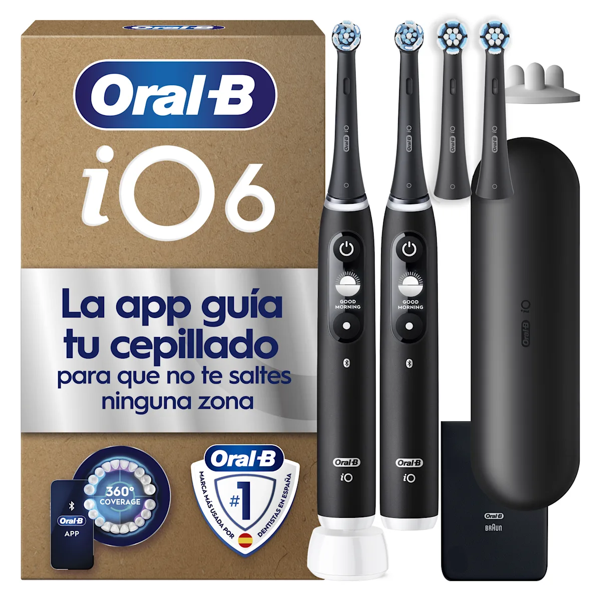 Pack de 2 cepillos eléctricos iO6 Negro y Rosa con 4 cabezales y funda de viaje