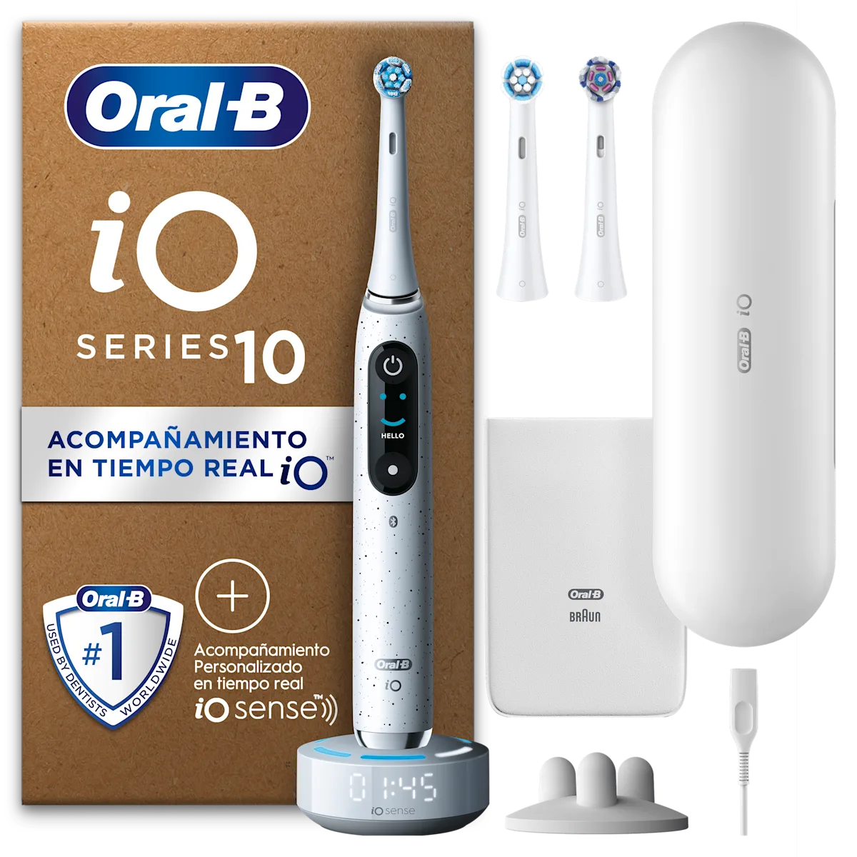 Oral-B iO 10, destacando Lo mejor de Oral-B y sus accesorios: estuche de carga, 2 cabezales de recambio, soporte para los cabezales, bolsa para el cargador.