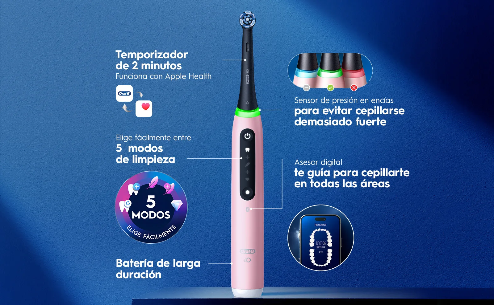 Cepillo eléctrico rosa con 5 modos de limpieza, temporizador y sensor de presión.