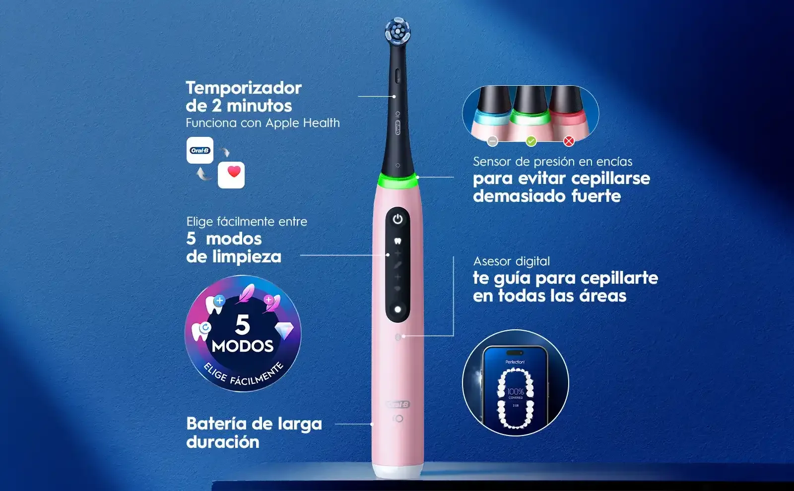 Cepillo eléctrico rosa con 5 modos de limpieza, temporizador y sensor de presión.