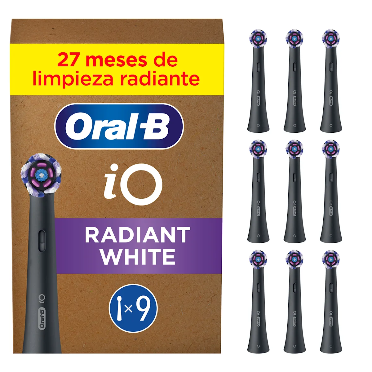 Oral-B iO cabezales de recambio, paquete de 3 unidades, con el texto "Radiant White" destacado en el empaque.