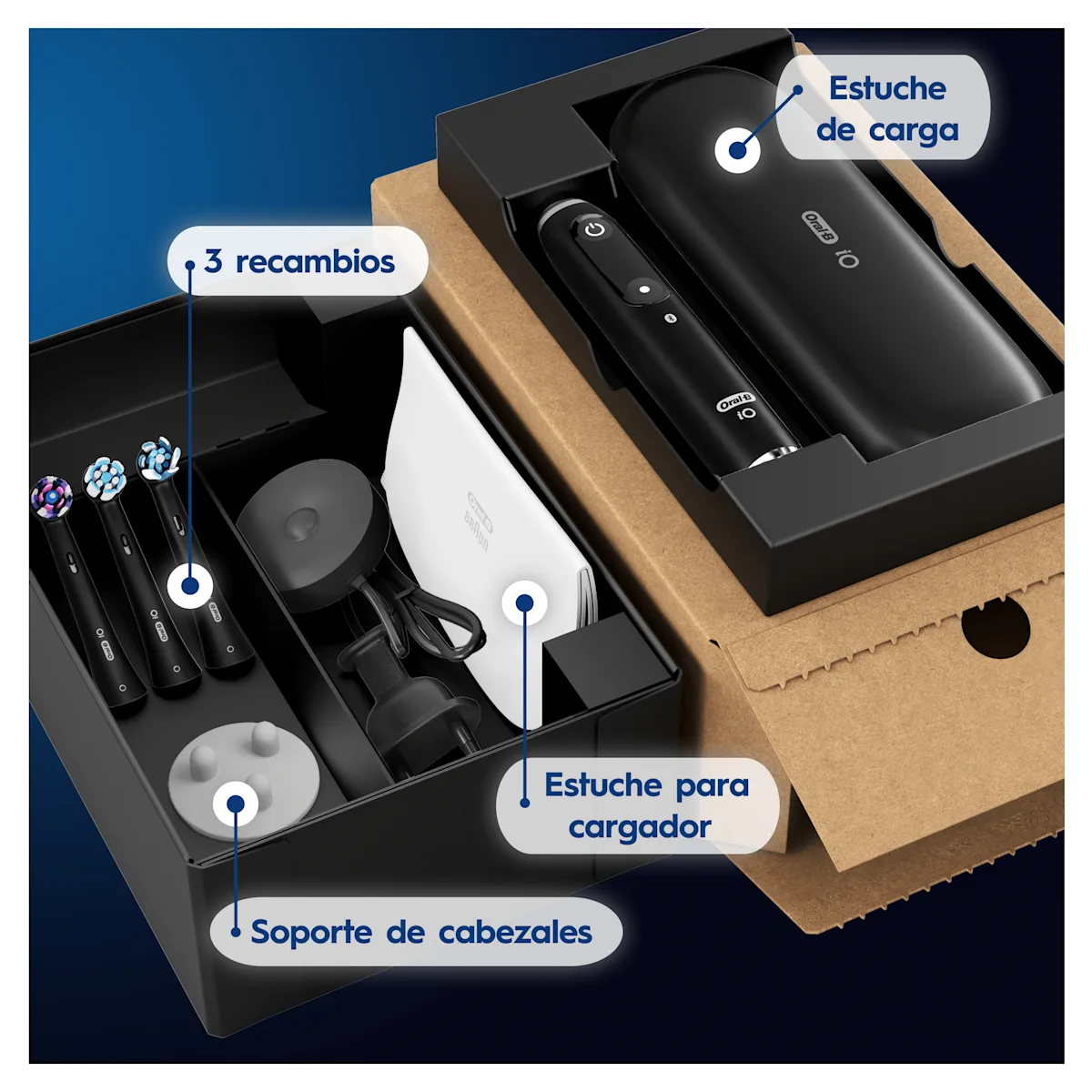 Cepillo de dientes eléctrico iO9 Negro con 3 cabezales y estuche de carga de viaje y carga rápida