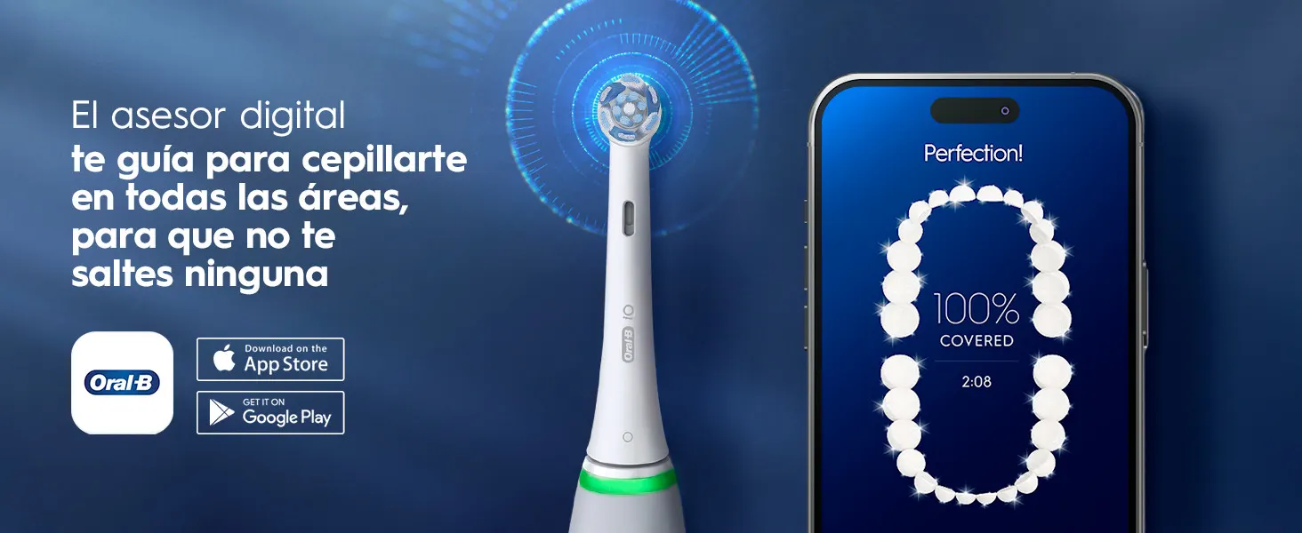 Cepillo eléctrico Oral-B con app móvil que muestra cobertura de cepillado 100%