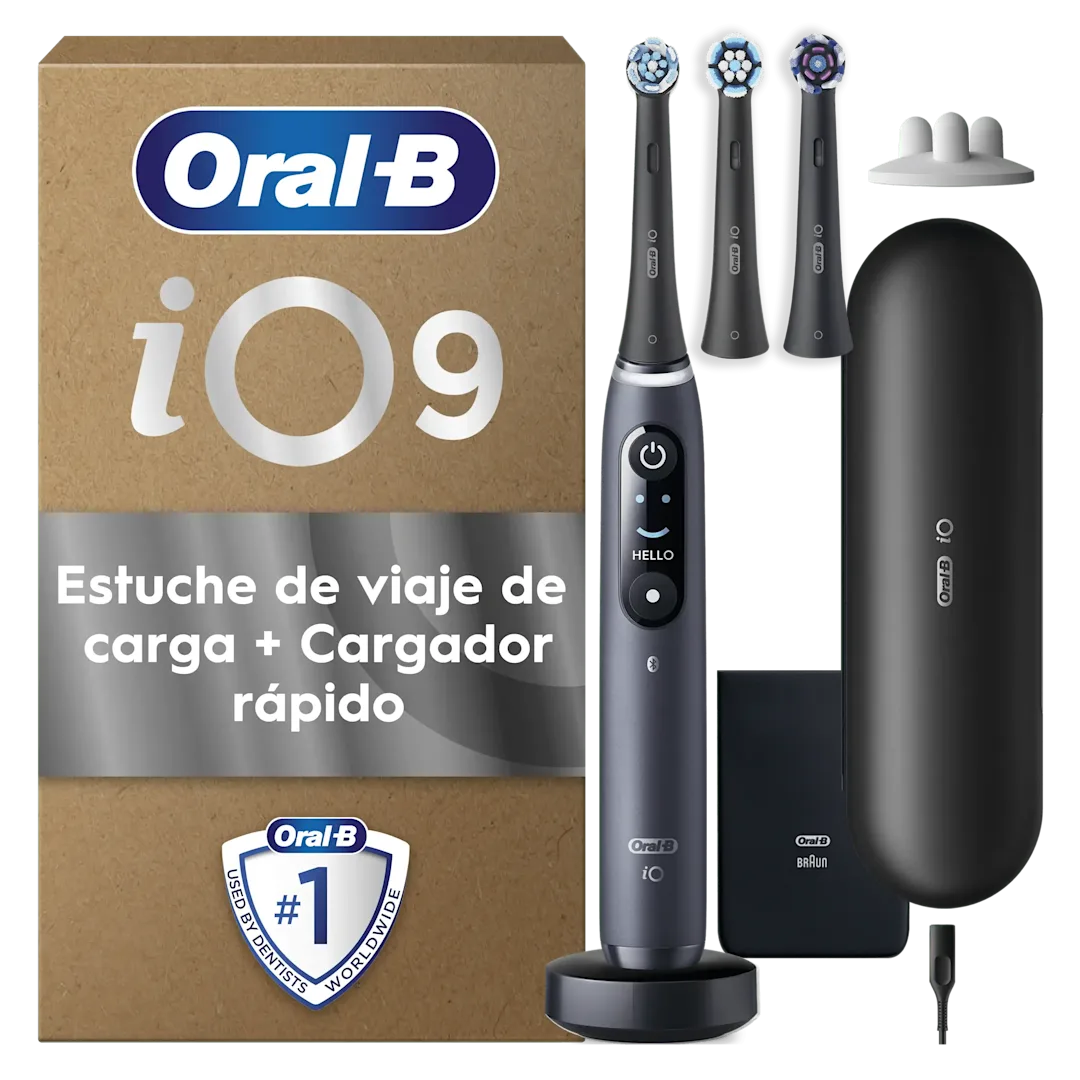 Cepillo eléctrico Oral-B iO9 con estuche de carga, destacando Se adapta a tu forma de cepillarte para una limpieza perfecta.