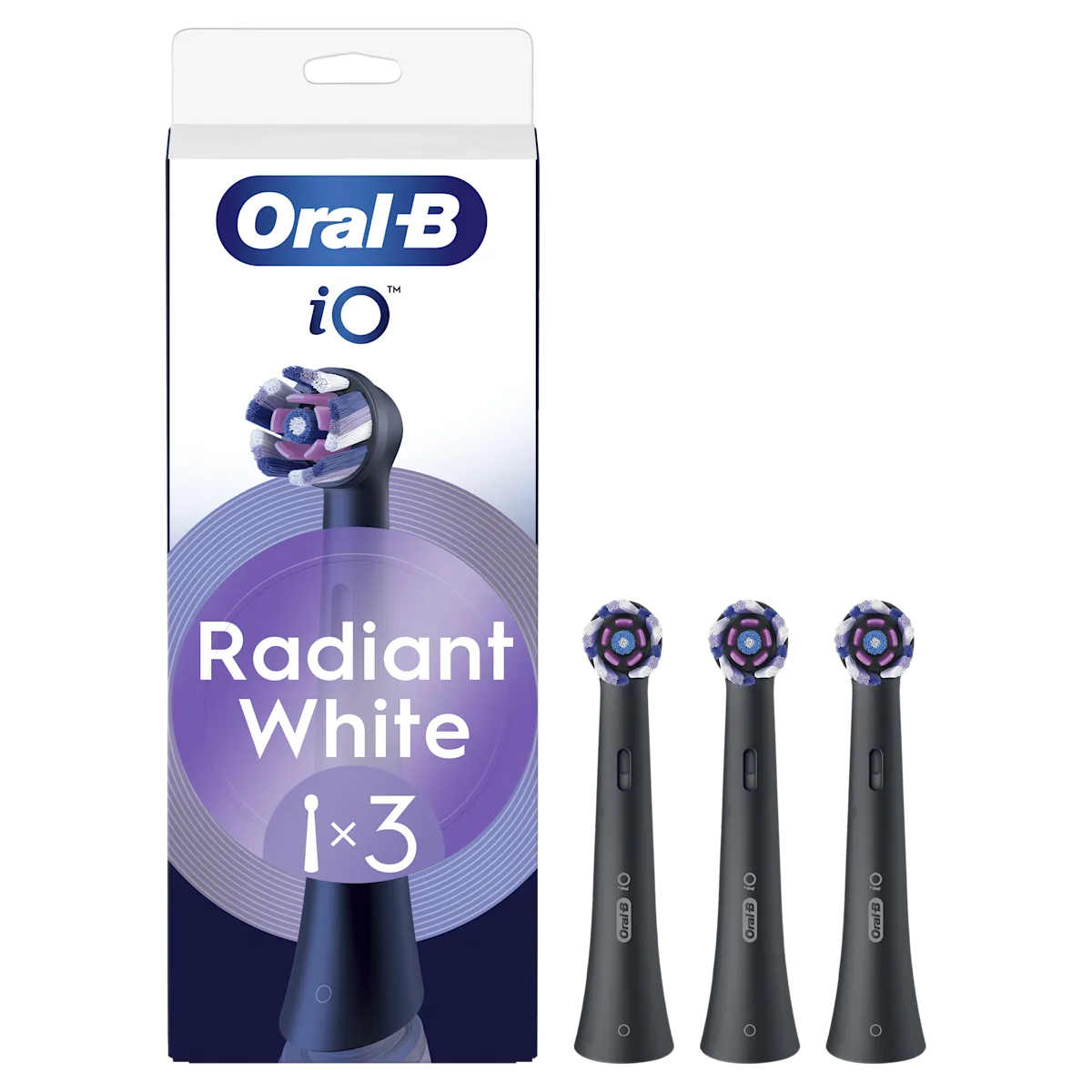 Oral-B iO cabezales de recambio, paquete de 3 unidades, con el texto "Radiant White" destacado en el empaque.