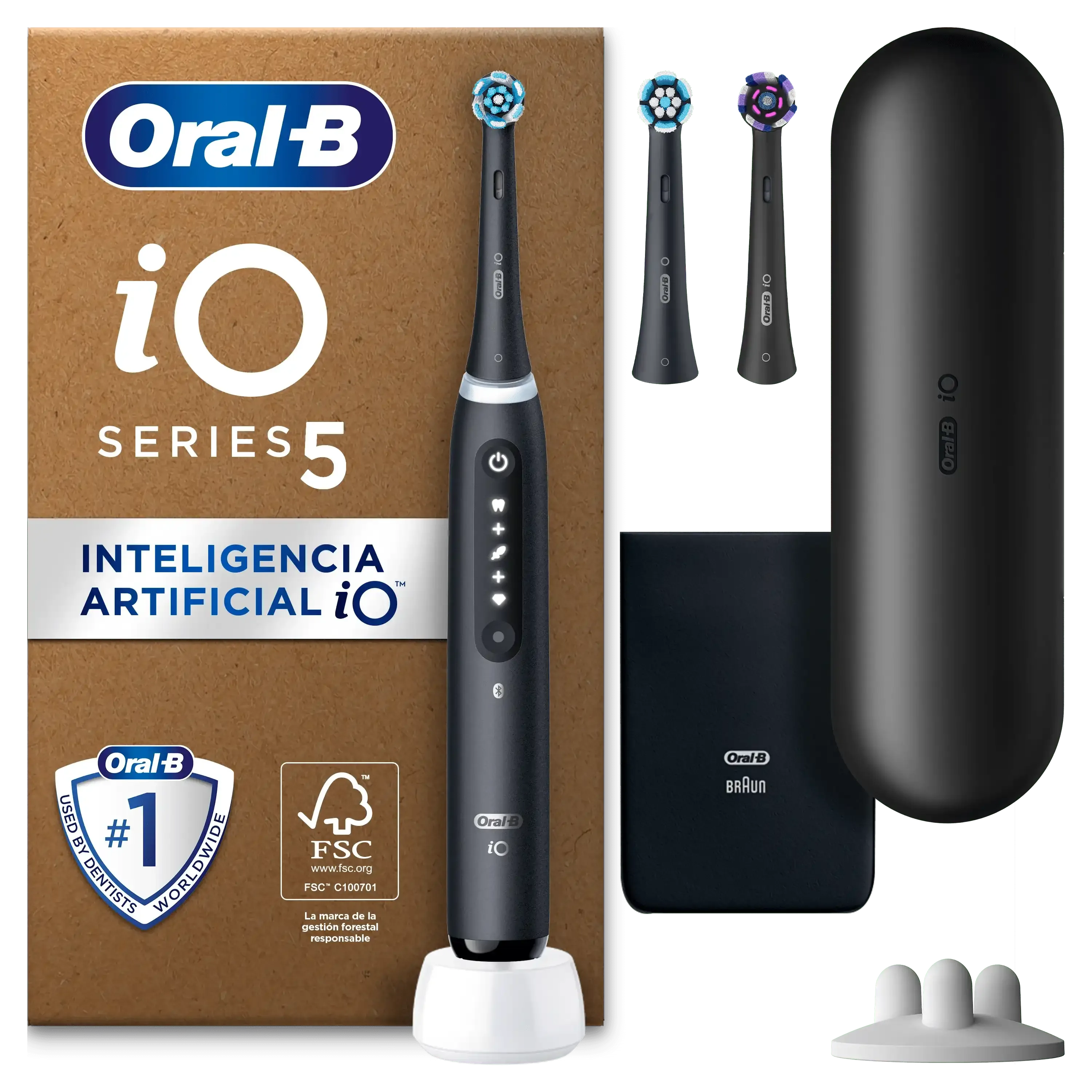 Cepillo de dientes Oral-B iO5 en su empaque, destacando 5 modos de limpieza personalizada y accesorios.