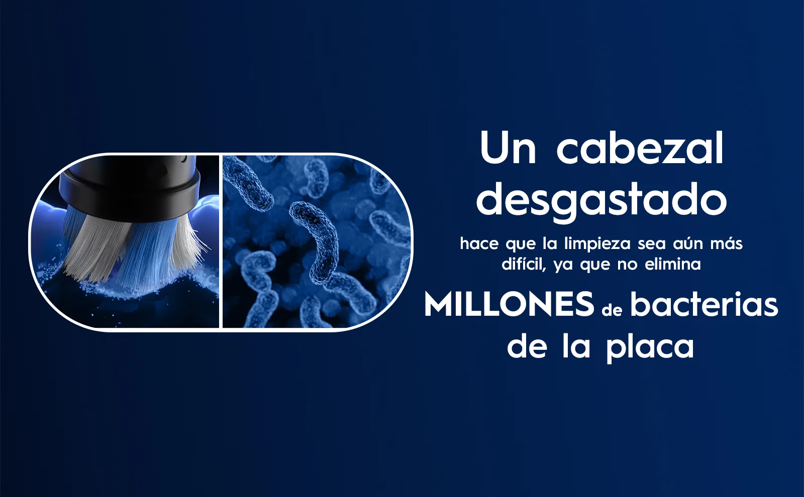 Primer plano de las bacterias en el cabezal del cepillo desgastado que dificulta la limpieza.