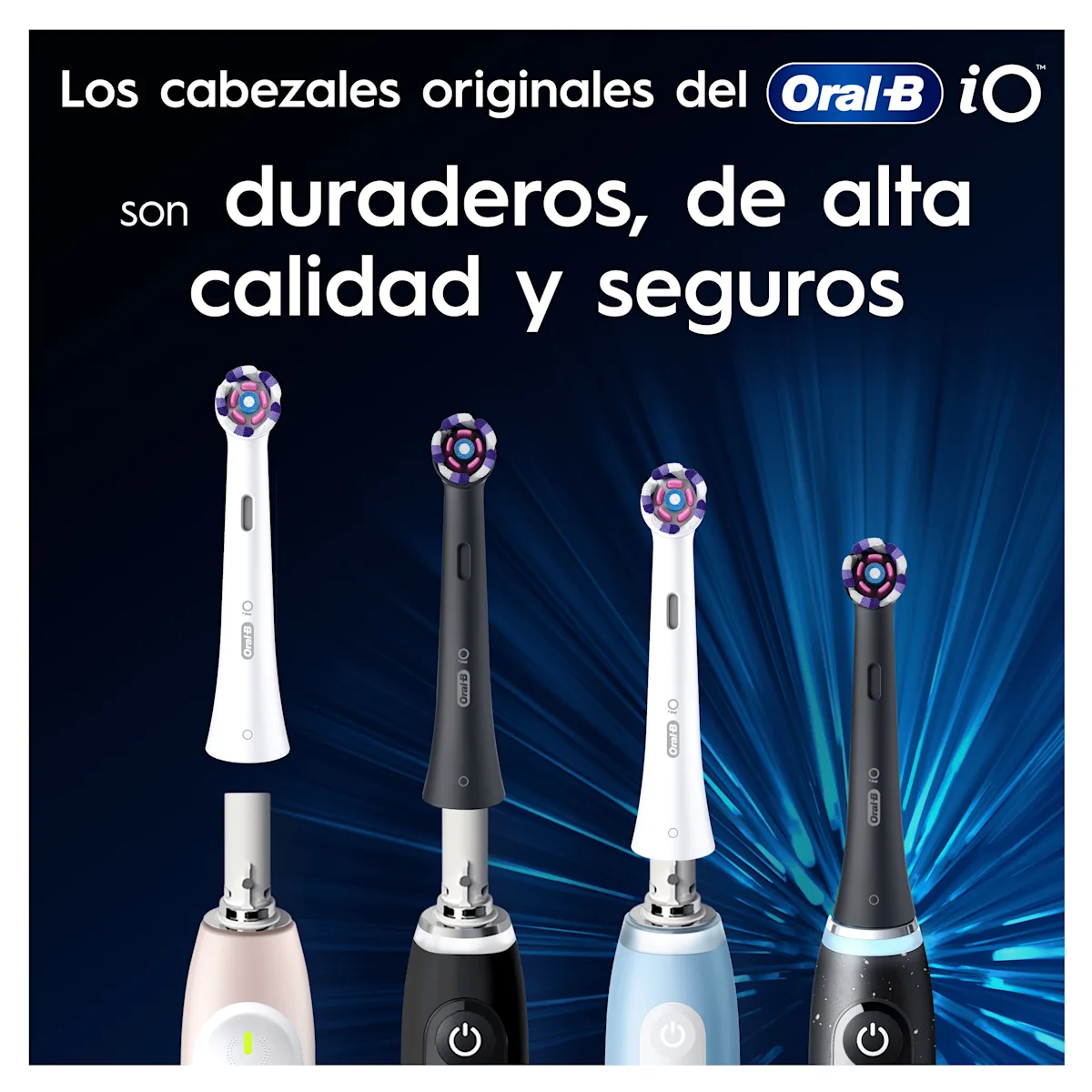 Los cabezales originales Oral-B iO son duraderos, de alta calidad y seguros, mostrados en varios cepillos de dientes.
