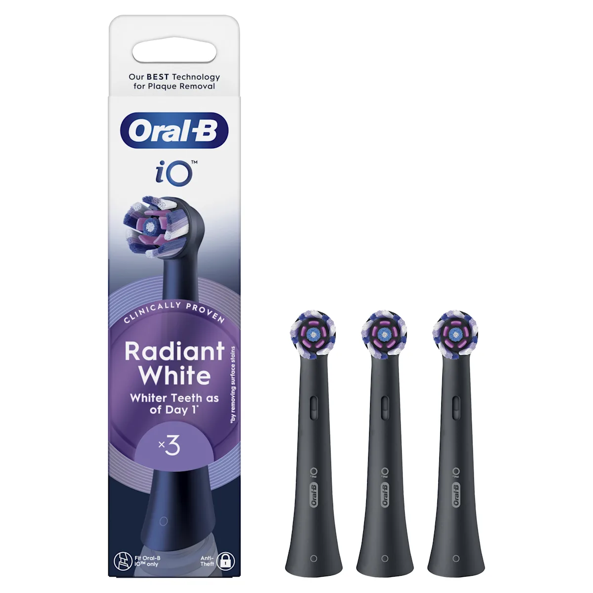 Oral-B iO Radiant White, paquete de 3 cabezales de recambio, con la promesa de "Dientes más blancos desde el primer día".