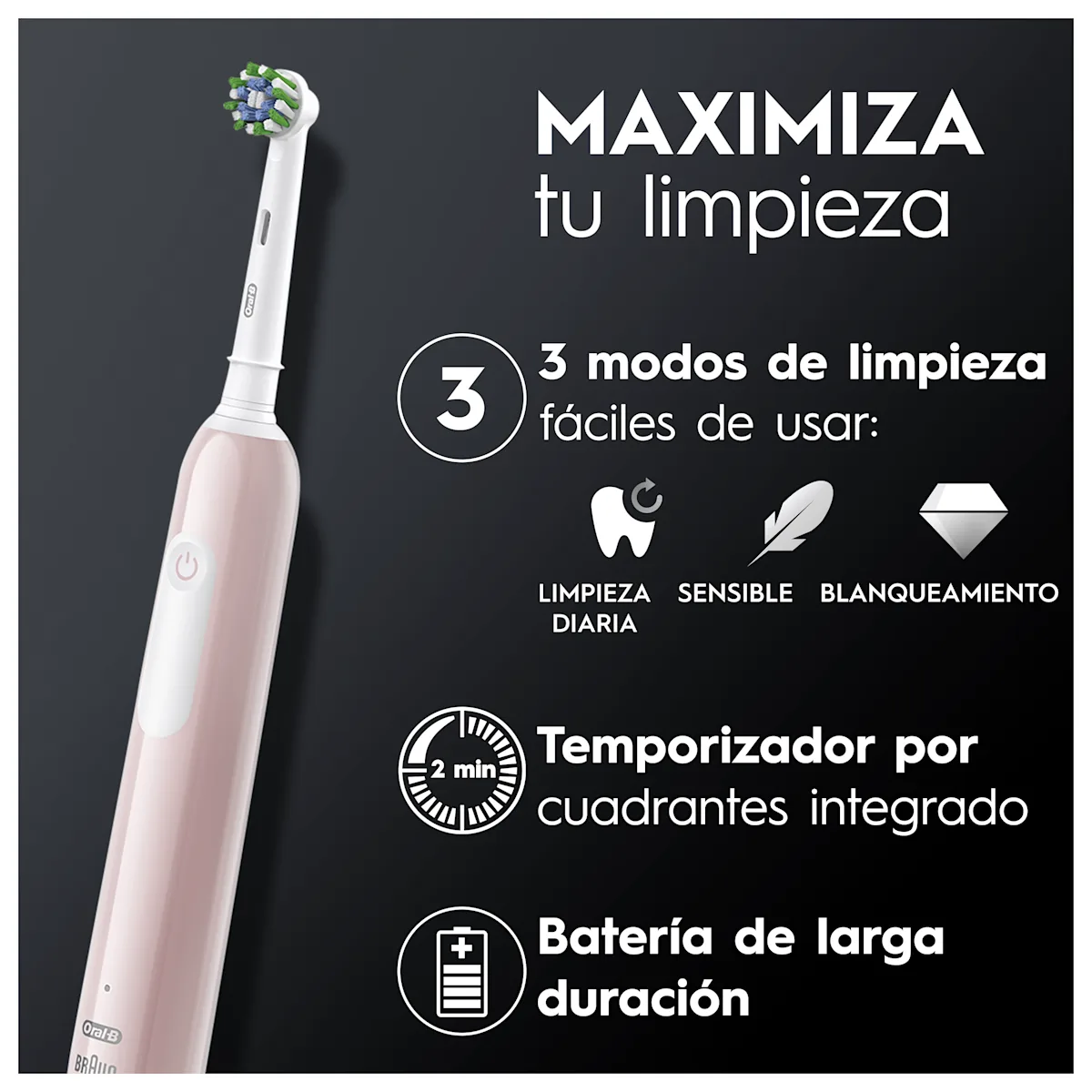 Cepillo de dientes eléctrico recargable Pro1 Rosa con 1 cabezal y 1 recambio