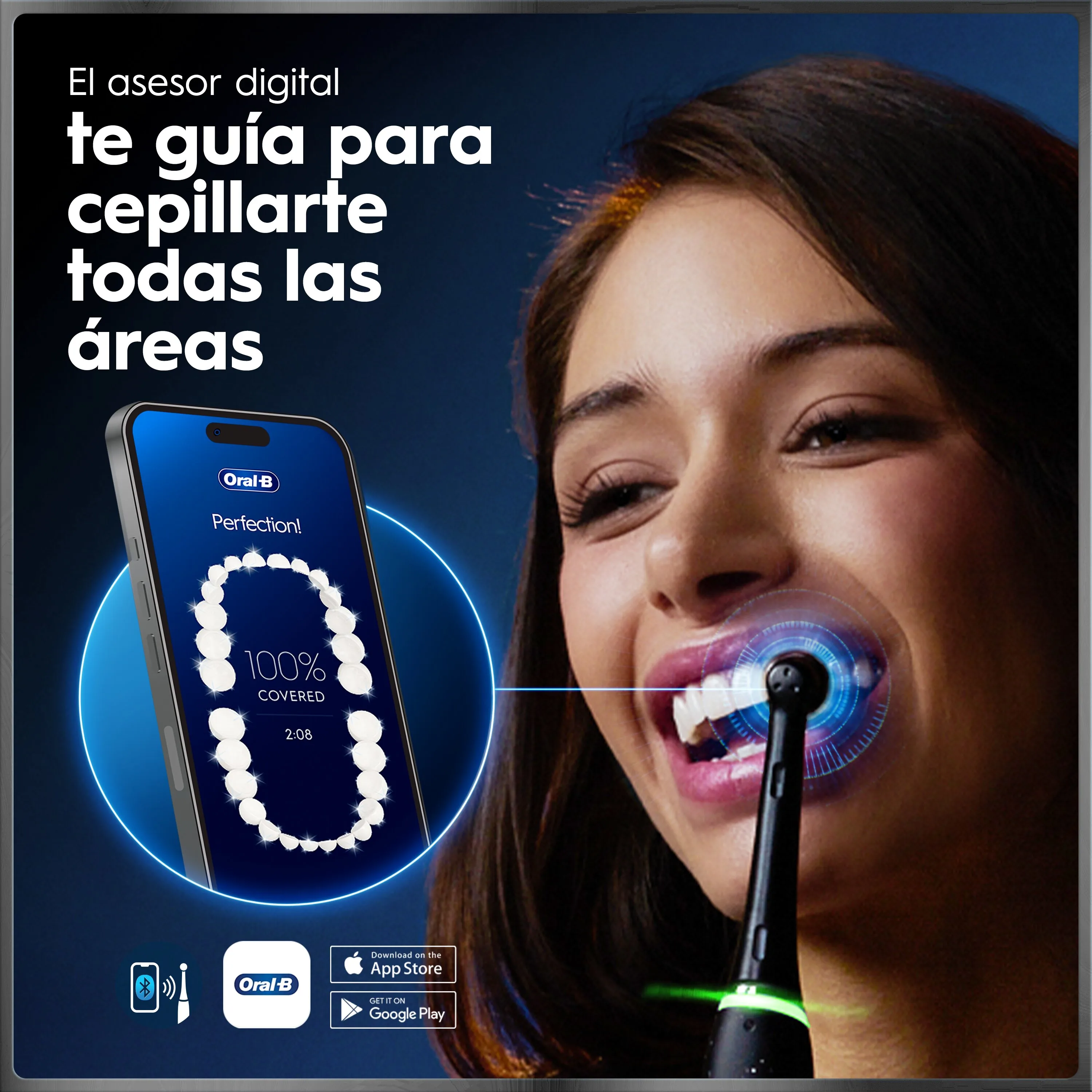 Cepillo eléctrico con pantalla digital que muestra batería, temporizador, estado del cabezal y adaptación inteligente.