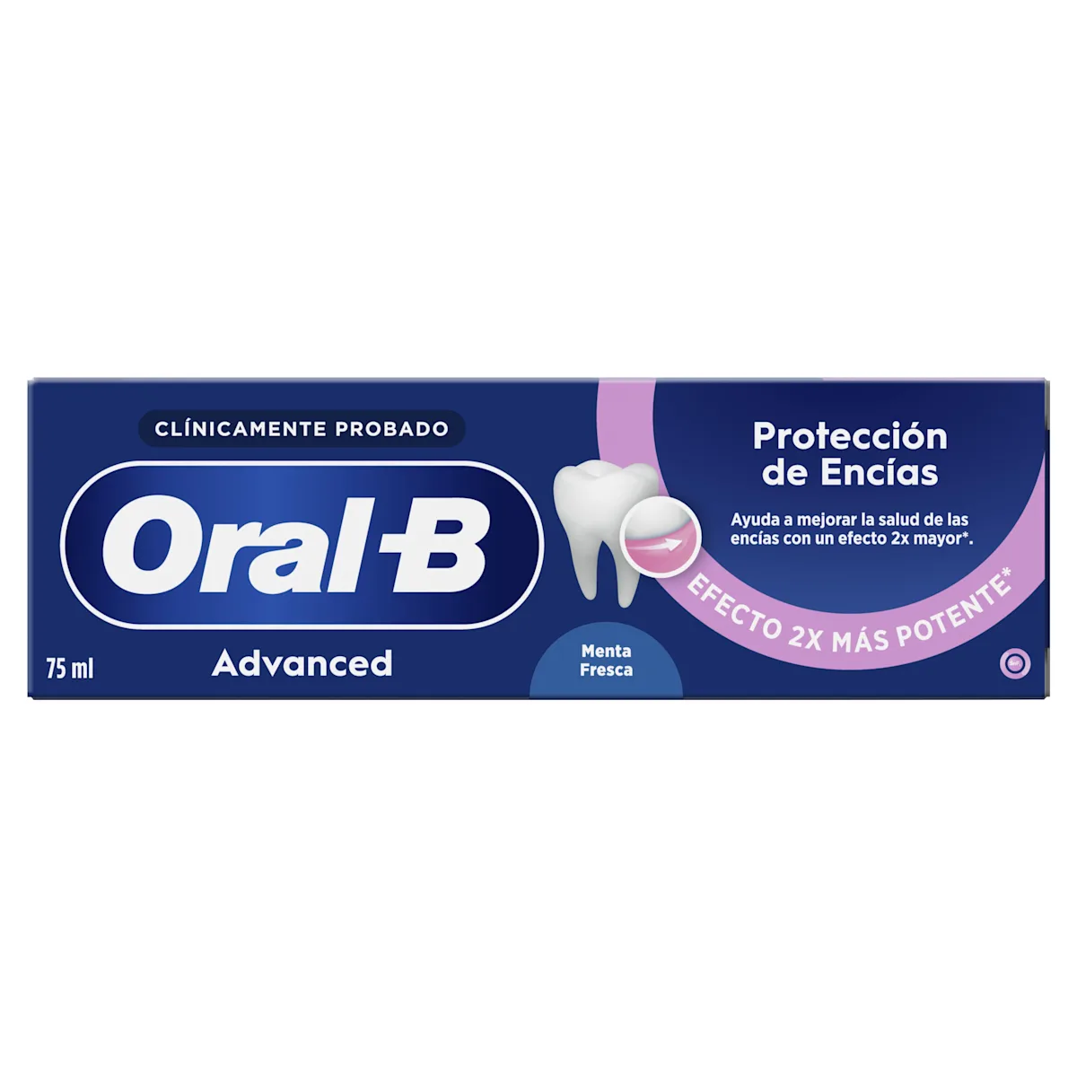 Oral-B Advanced, pasta de dientes, con empaque resaltando "Protección de Encías" y "Efecto 2x más potente".