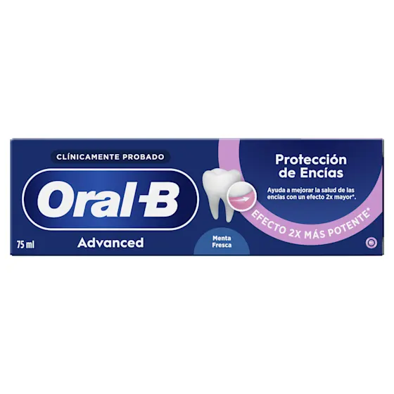 Oral-B Advanced, pasta de dientes, con empaque resaltando "Protección de Encías" y "Efecto 2x más potente".