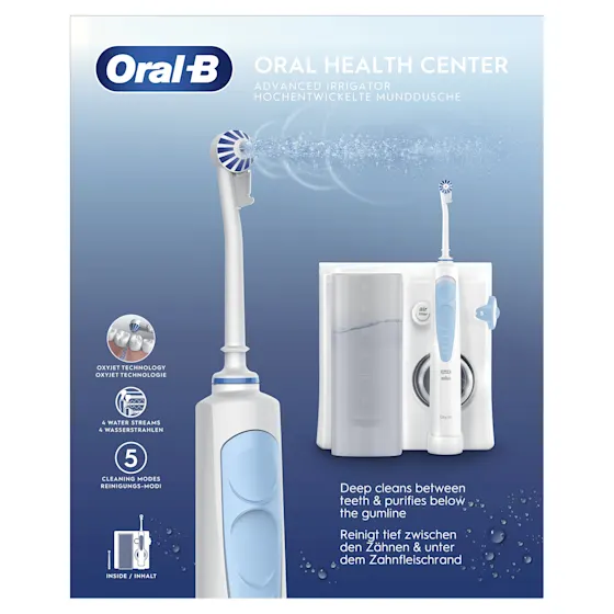 Oral-B embalaje mostrando iconos de cartón reciclable, desconectar si no se está cargando y cerrar el grifo mientras se cepilla.