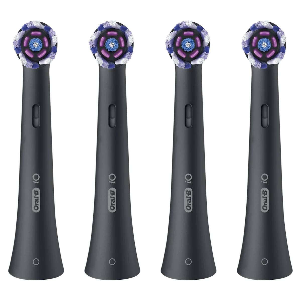 Oral-B iO cabezales de recambio para cepillo de dientes, paquete de cuatro unidades con filamentos morados y azules.