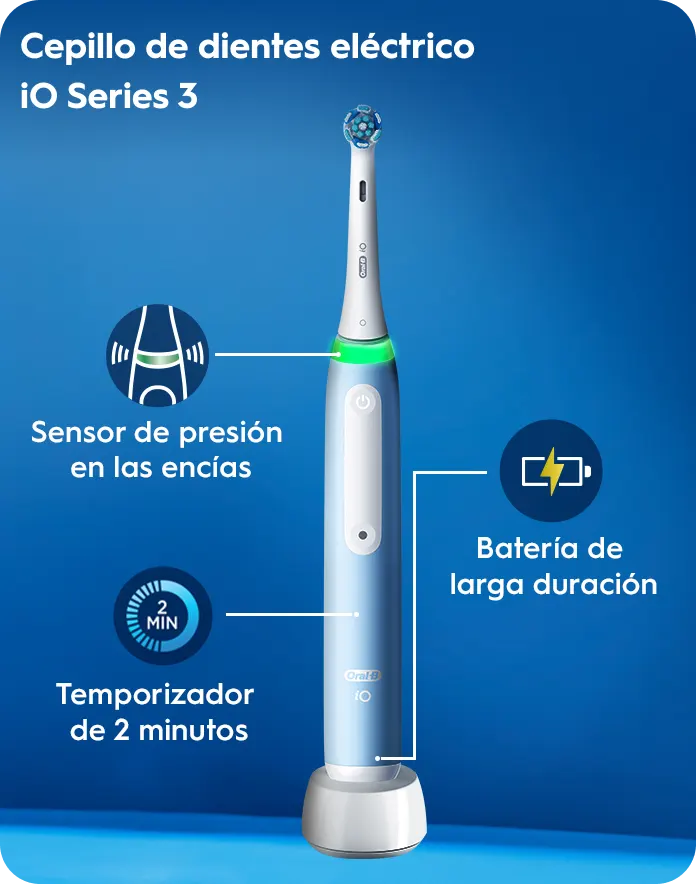 Oral-B iO Series 3 electric toothbrush with gentle care brush head, gum pressure sensor, long-lasting battery, and a 2-minute timer.