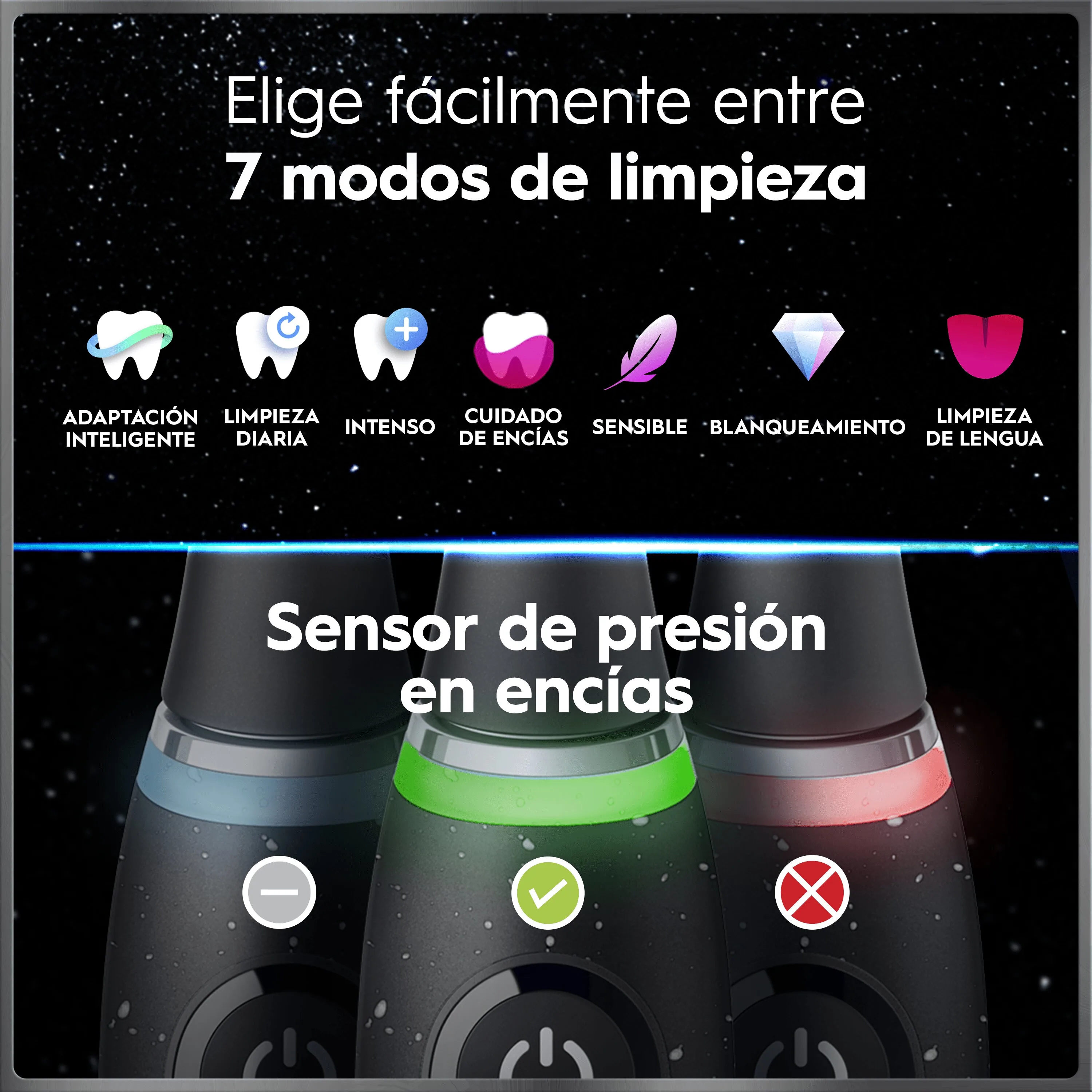 Comparativa de cepillo Oral-B con cepillo manual, destacando la eliminación del 100% más de placa dental con fondo azul.
