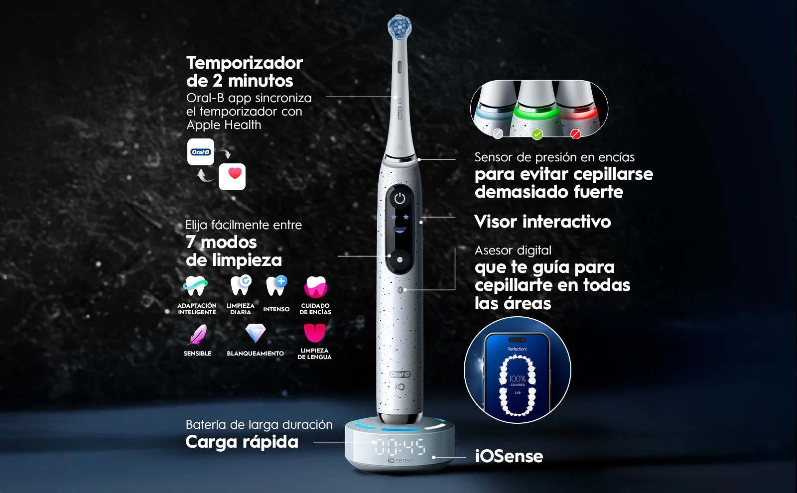 Cepillo eléctrico Oral-B con temporizador, sensor de presión, 7 modos y visor interactivo.