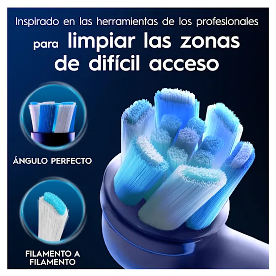 El cabezal del cepillo Oral-B con filamentos diseñados para un ángulo perfecto y limpieza filamento a filamento en zonas de difícil acceso.
