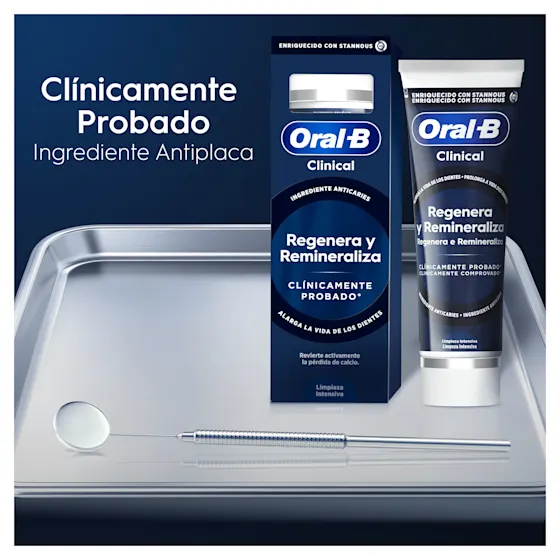 Oral-B Clinical, clínicamente probado para regenerar y remineralizar los dientes, alargando su vida.