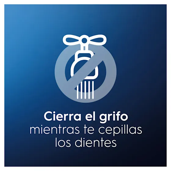 Un grifo tachado simboliza la importancia de cerrar el grifo mientras te cepillas los dientes.