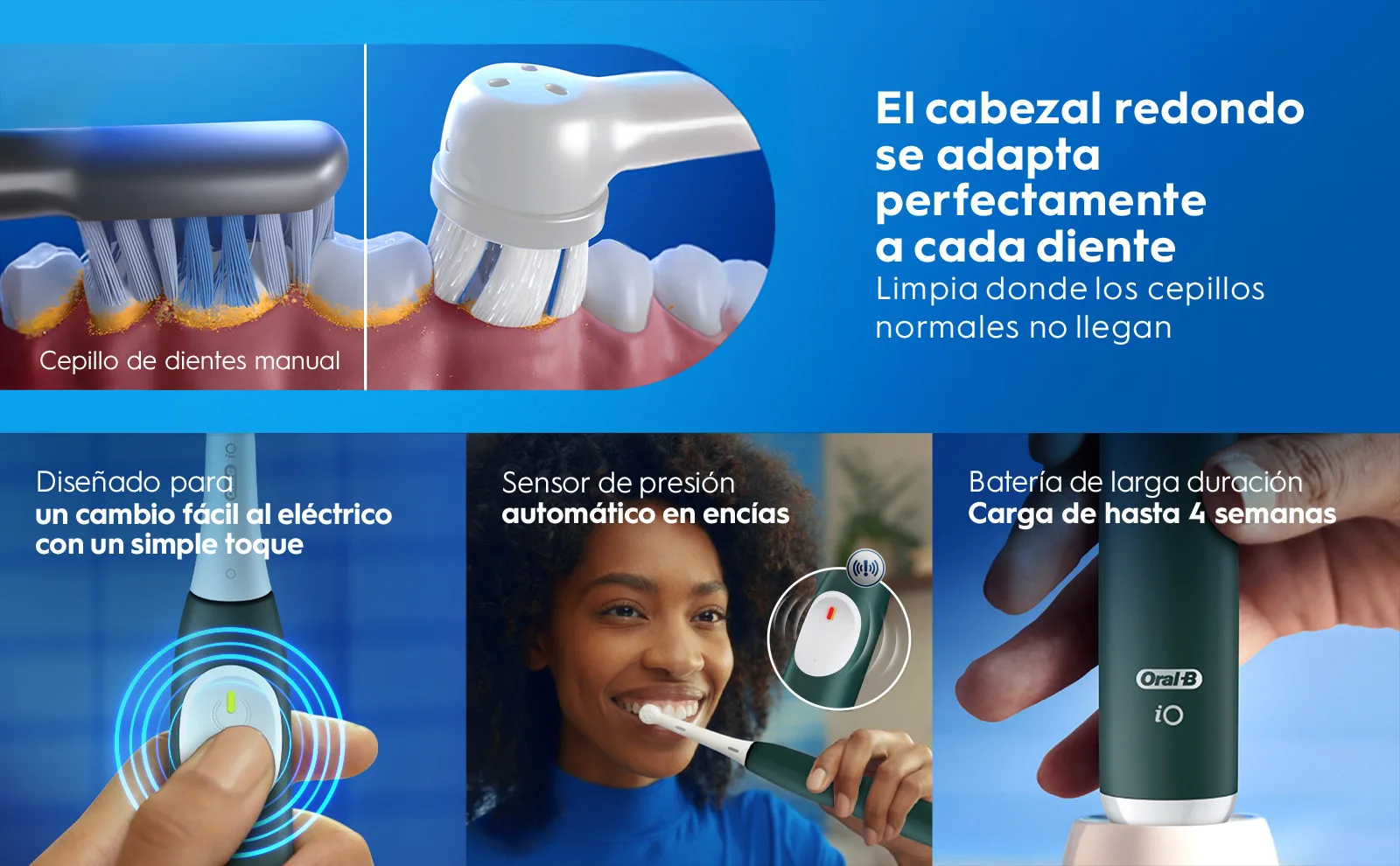 Cepillo eléctrico con cabezal redondo, sensor de presión y batería de larga duración 