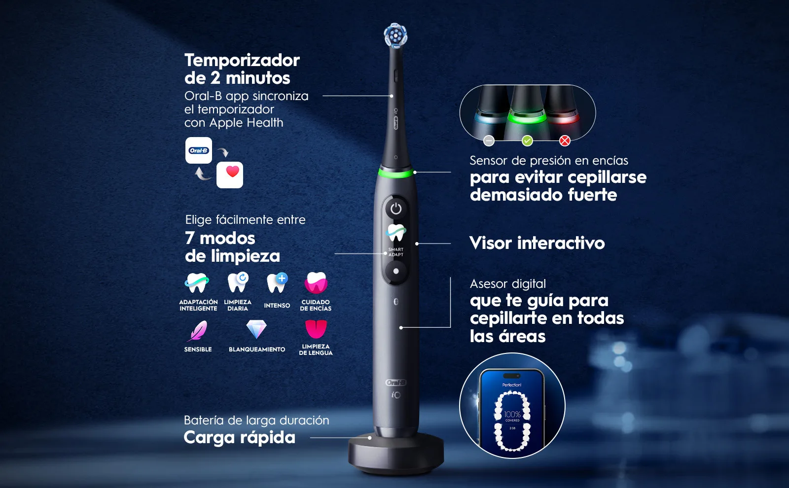 Cepillo inteligente: 7 modos, temporizador, sensor presión, compatible con Apple Health