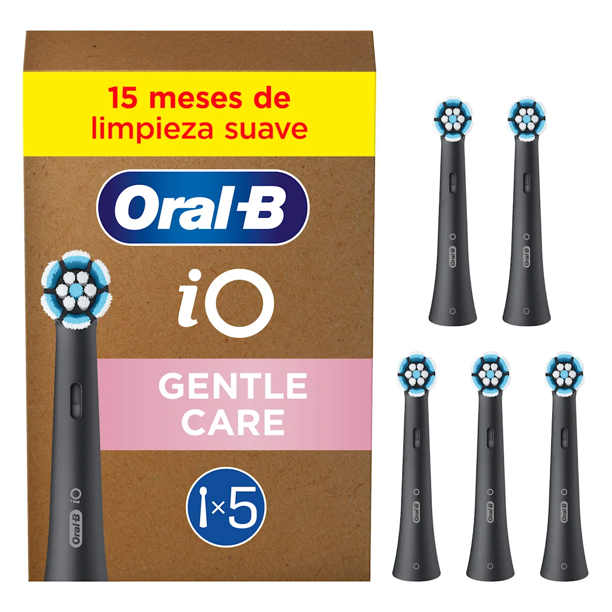 Oral-B iO cabezales de recambio Gentle Care, paquete de 5 unidades, para una limpieza suave.