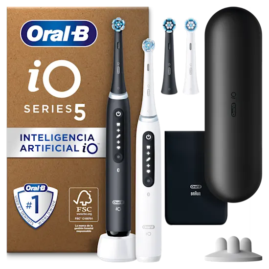 Oral-B iO5, dos cepillos negro y blanco y 5 modos de limpieza personalizada. Con estuche, bolsa