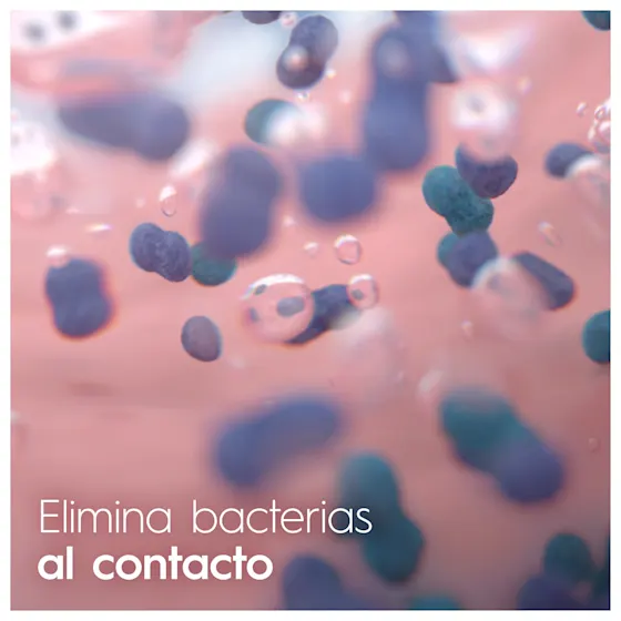 Eliminación de bacterias al contacto, ilustrado con una imagen macro de bacterias de color azul y verde.;