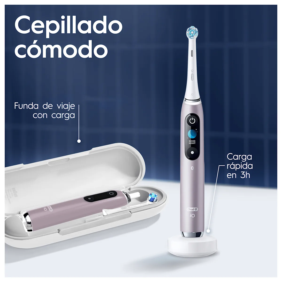 Cepillo de dientes eléctrico recargable iO9 Rosa con 1 cabezal, funda de viaje y estuche magnético