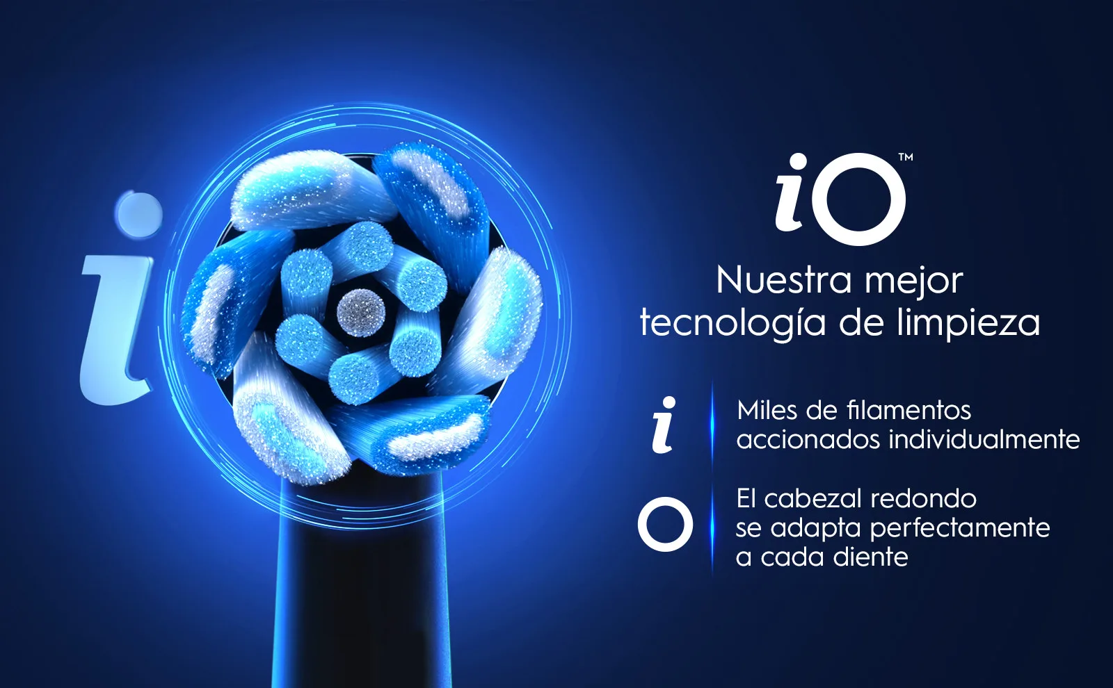 Tecnología iO dental con cabezal redondo y filamentos para adaptación precisa.