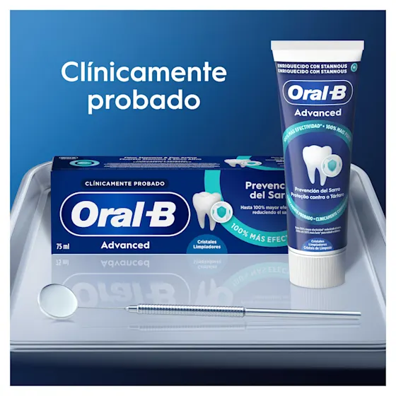 Oral-B Advanced, clínicamente probado, para la prevención del sarro y con cristales limpiadores para una limpieza profunda.