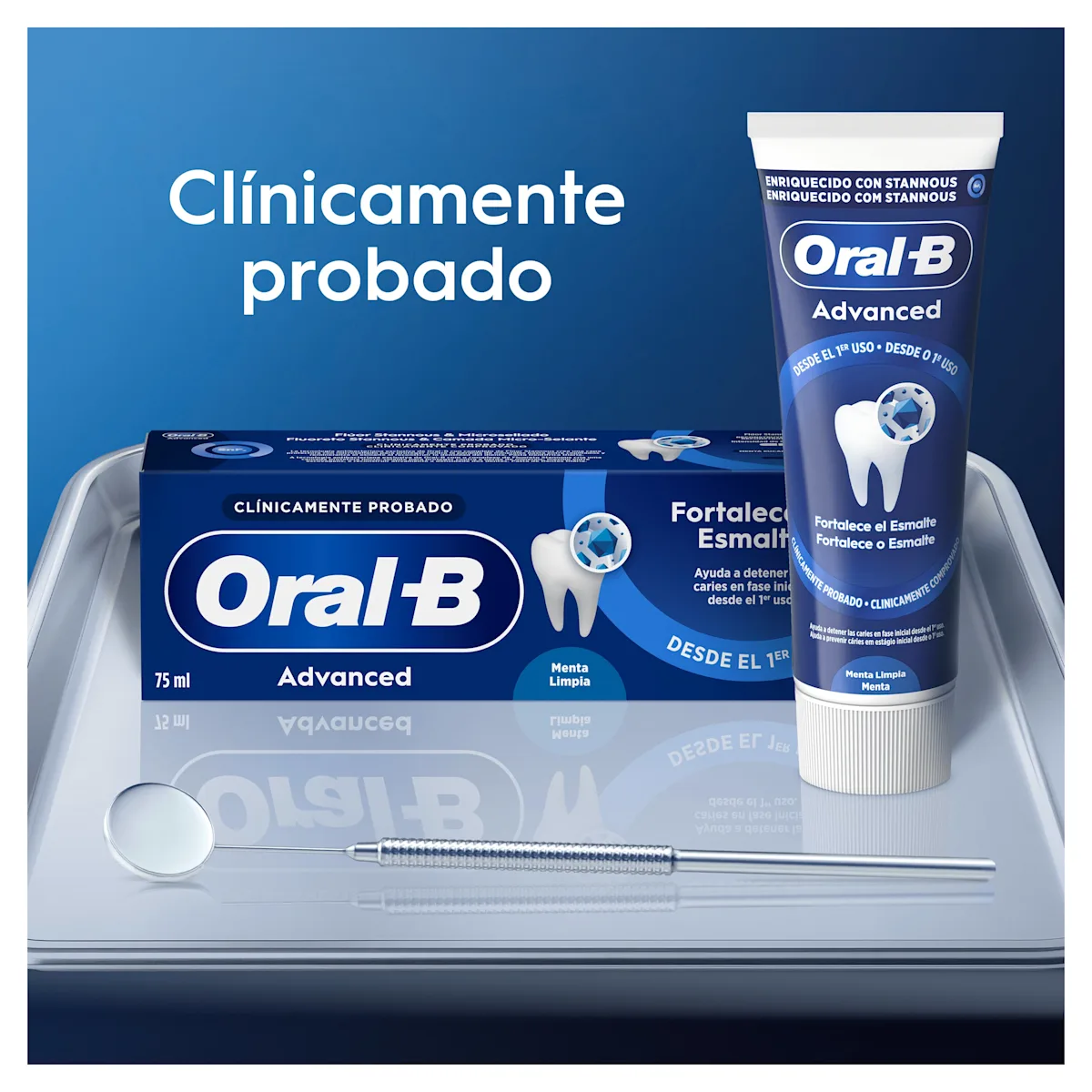 Pasta de dientes Oral-B Advanced que fortalece el esmalte dental desde el primer uso, clínicamente probado.