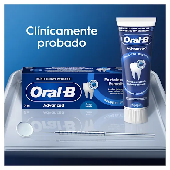 Pasta de dientes Oral-B Advanced que fortalece el esmalte dental desde el primer uso, clínicamente probado.