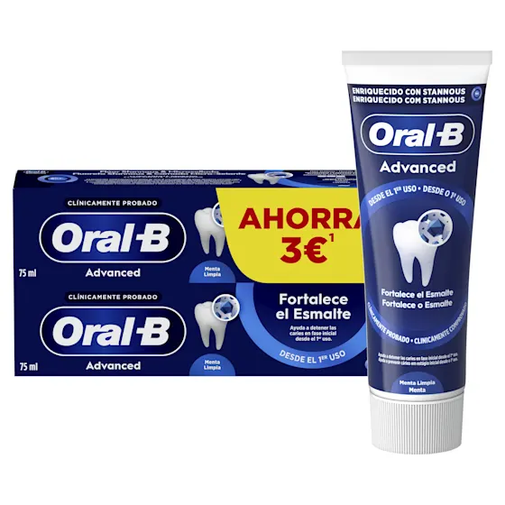 Oral-B Advanced, mostrando el tubo y la caja con la promoción "Ahorra 3€" y la afirmación "Fortalece el esmalte desde el 1er uso".