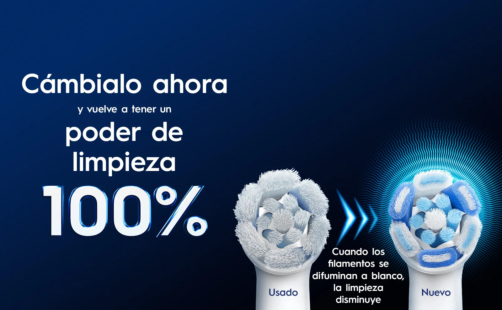 Cabezales usado y nuevo de Oral-B uno al lado del otro para mostrar cuándo es hora de cambiar.