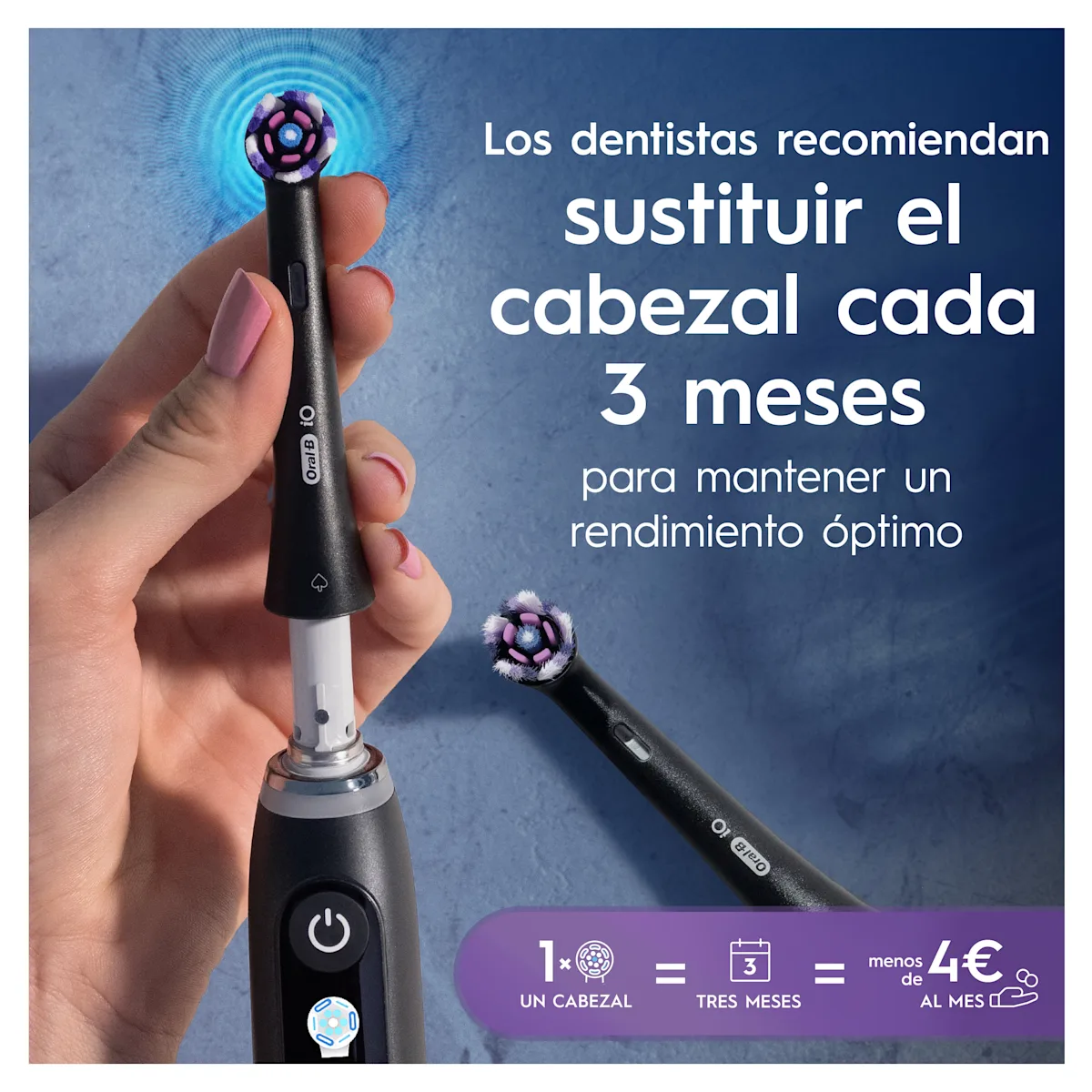 Reemplazar el cabezal del cepillo Oral-B iO cada tres meses para mantener un rendimiento óptimo, según la recomendación de los dentistas.