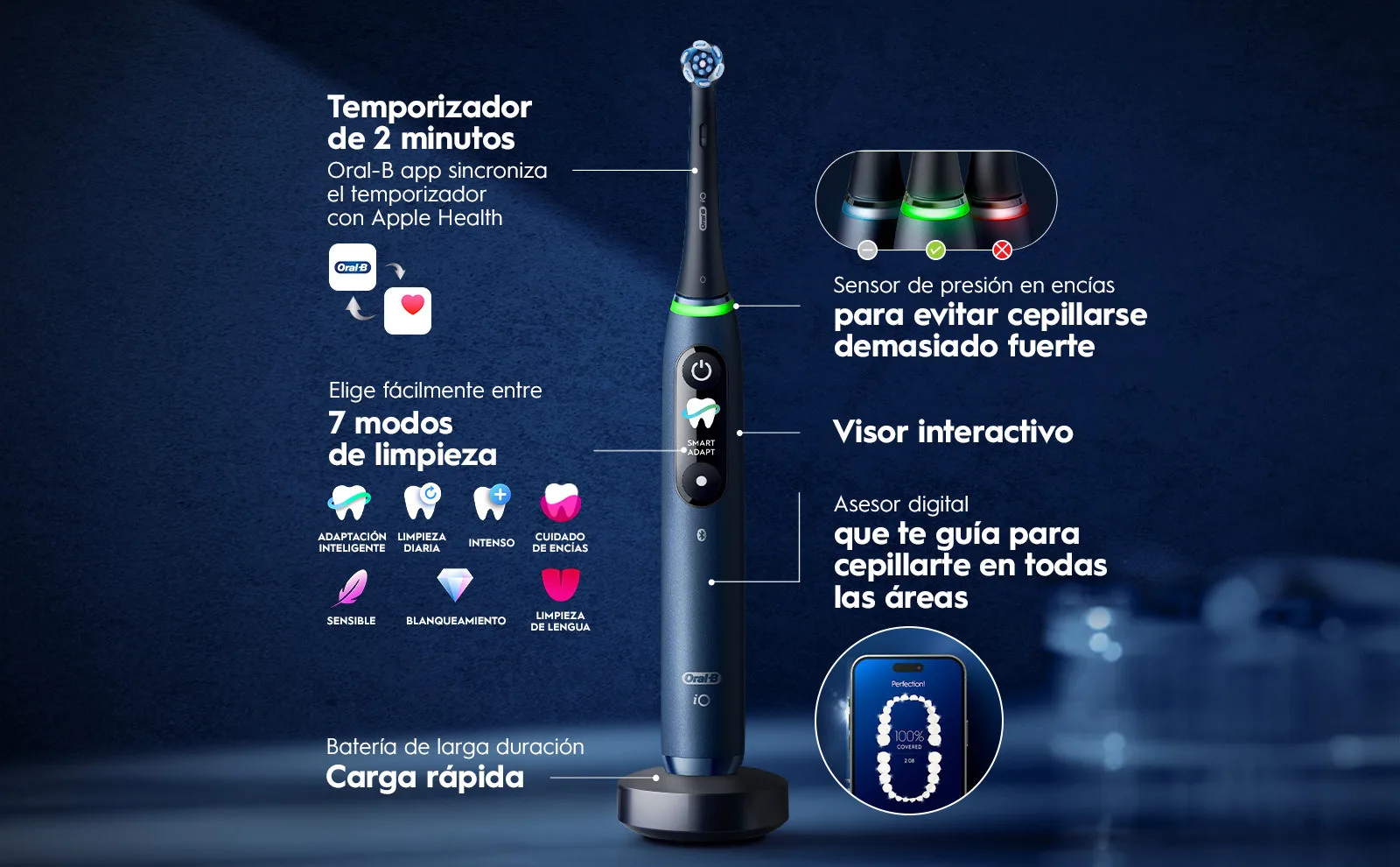 Cepillo inteligente: 7 modos, temporizador, sensor presión, compatible con Apple Health