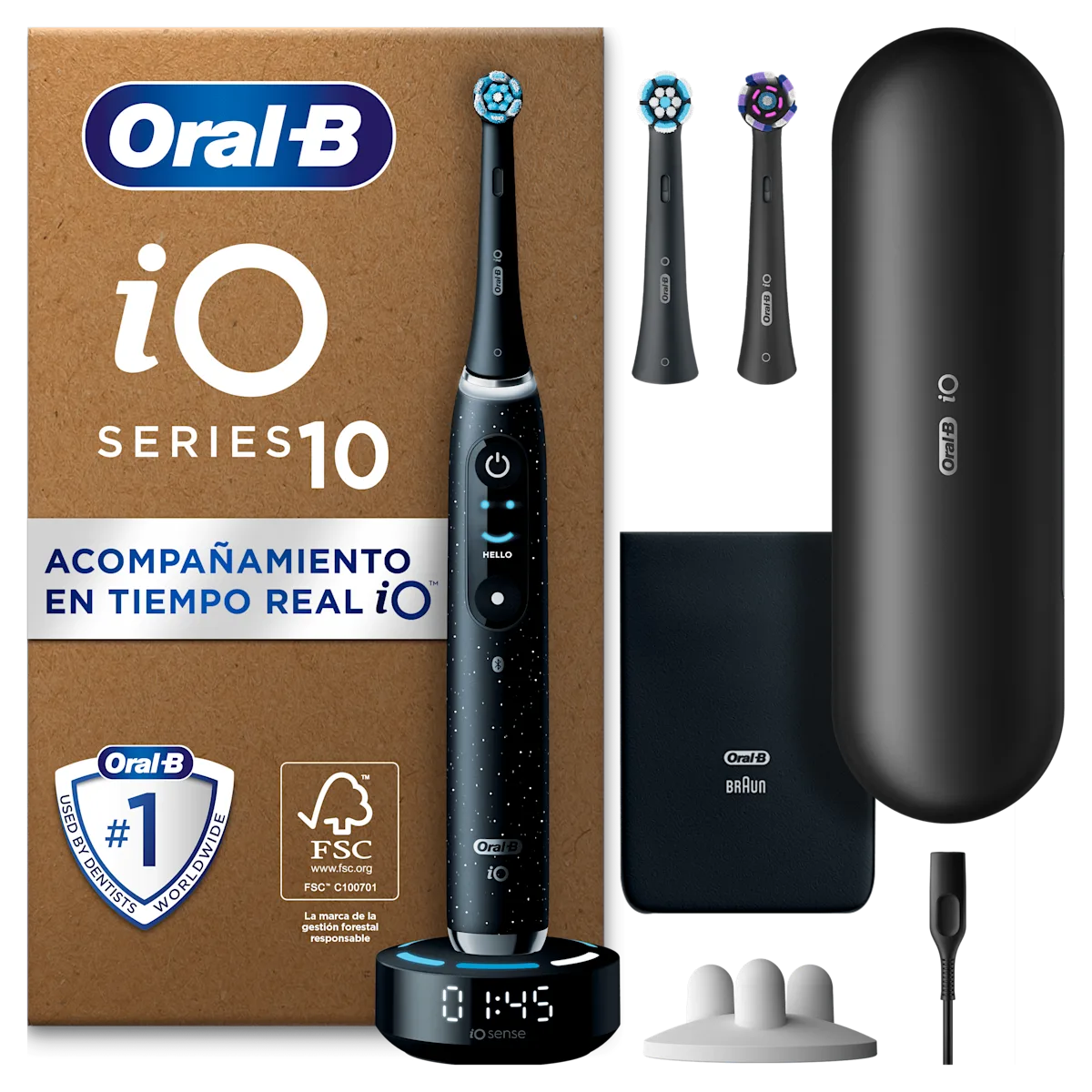 Oral-B iO 10, con caja que destaca Lo mejor de Oral-B y su estuche de carga.
