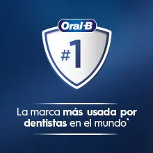 Logo de Oral-B con texto sobre cómo es la marca más utilizada por los dentistas en todo el mundo.