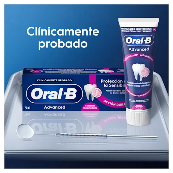Oral-B Advanced, clínicamente probado, ofrece protección contra la sensibilidad y acción duradera para dientes sensibles.